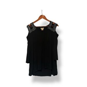 [Lia Lee] Black Studded Cold Shoulder Top